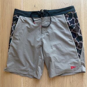 Men's Tan Board Shorts with Camo Side Panels and Black Waistband